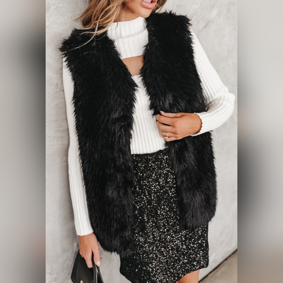 Cupshe Womens Faux Fur Black Open Front Vest Soft Cozy  Sz S - Picture 1 of 14